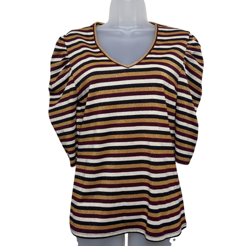 David Lerner Gold Black Metallic Knit Striped Puff Sleeve Top Blouse Women Small